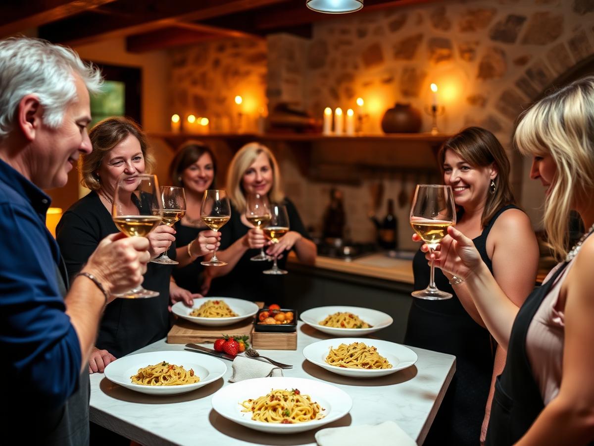 Friends raising a glass over plates of fresh pasta