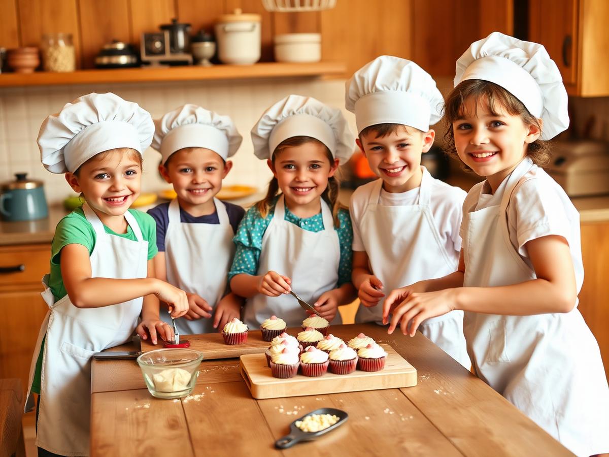 Smiling kids in chef hats decorating cupcakes