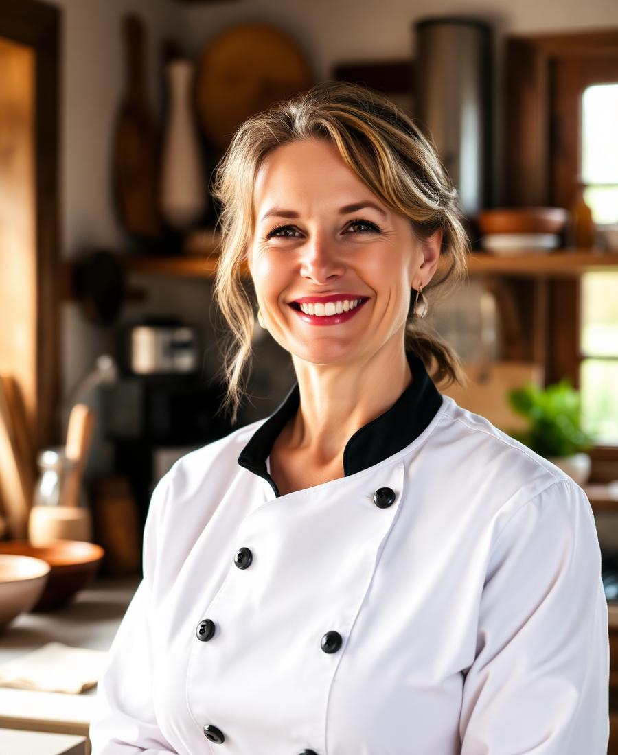 Pamela in her chef's coat